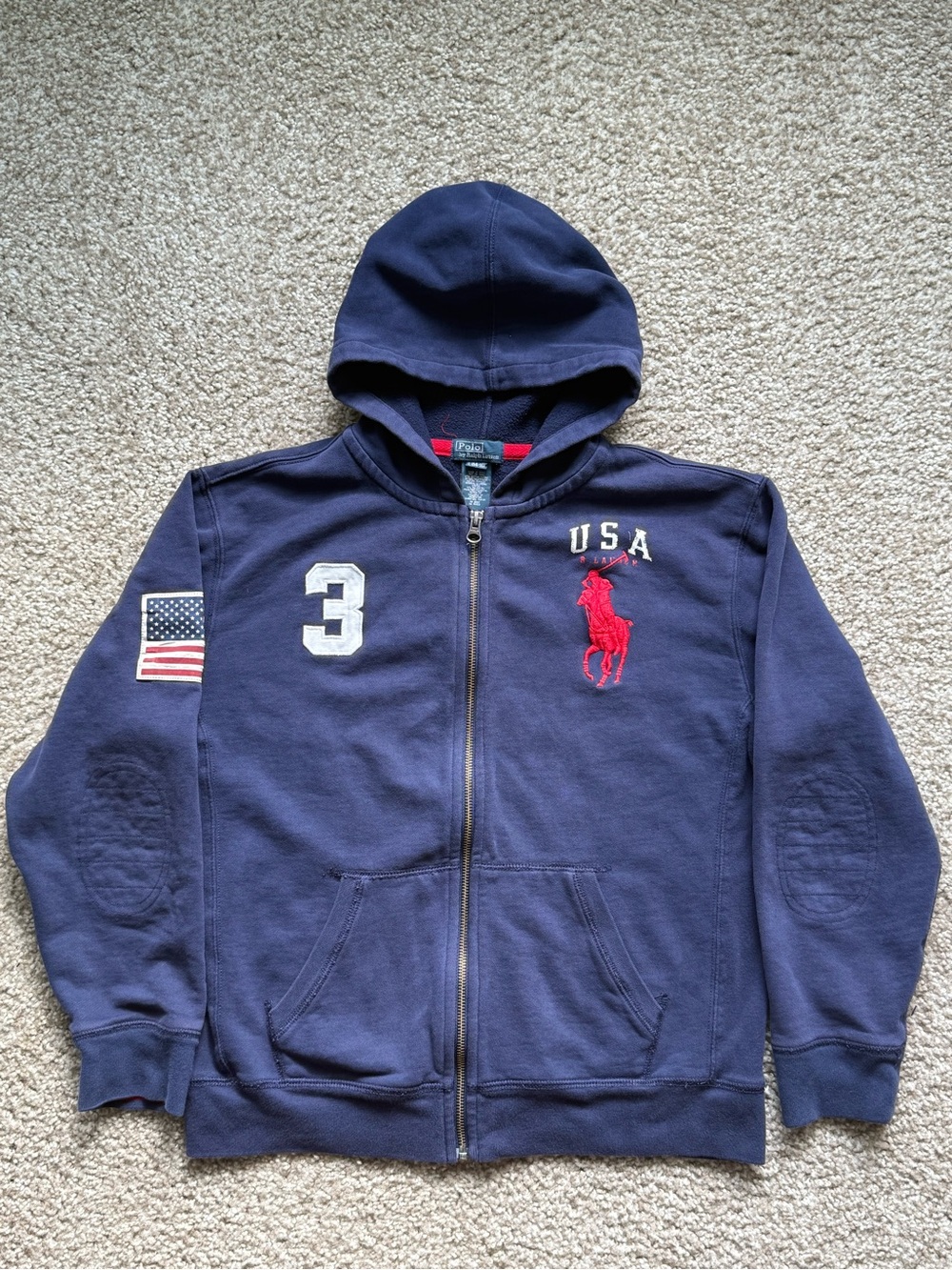 Polo Ralph Lauren Boys USA Big Pony Zip Hoodie Navy Size L 14-16